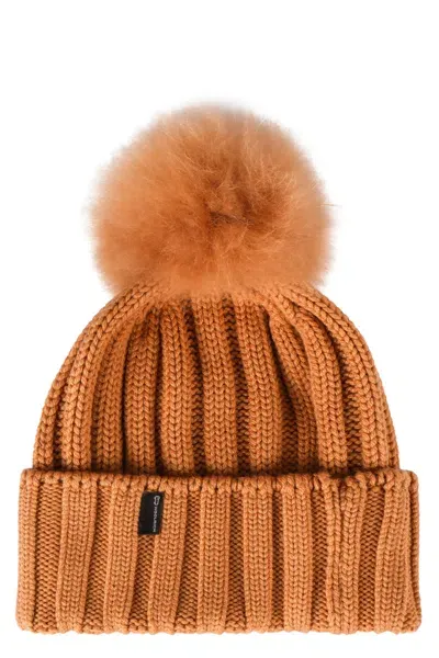 Woolrich Knitted Wool Beanie With Pom-pom In Brown