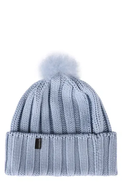 Woolrich Knitted Wool Beanie With Pom-pom In Blue