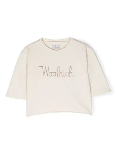 Woolrich Kids' Logo-embroidered Cropped T-shirt In Neutrals