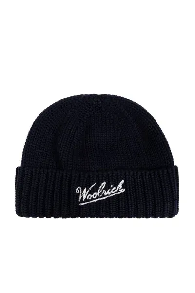 Woolrich Logo Intarsia Knit Beanie In Navy