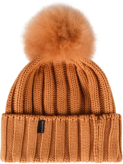 Woolrich Logo Patch Pompom Detailed Beanie In Brown