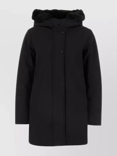 Woolrich Stretch Polyester Down Jacket With Fur Trim In Black