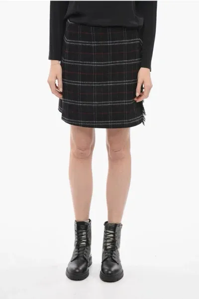 Woolrich Stretch Wool Miniskirt With Fringed Detail In Black