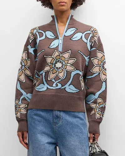 Wynn Hamlyn Morris Half-zip Jacquard Sweater In Brown Flowers