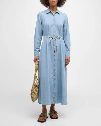 Xirena Bowen Belted Denim Maxi Shirtdress In Dusty Blue