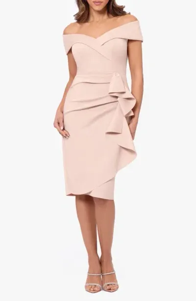 Xscape Ruffle Off The Shoulder Scuba Crepe Cocktail Dress In Blush