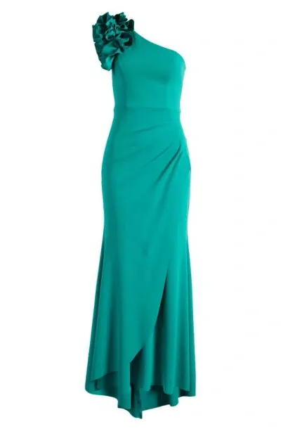 Xscape Ruffle One-shoulder Scuba Crepe Gown In Green