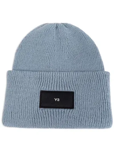 Y-3 Logo-patch Rib Knit Beanie In Blue