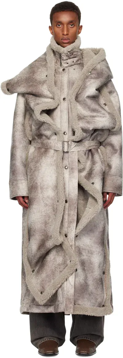 Y/project Gray Snap Off Panel Hood Aviator Faux-shearling Coat In Grey