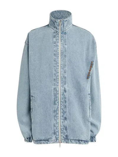 Y/project Denim Jacket With Embroidered Logo In Blu