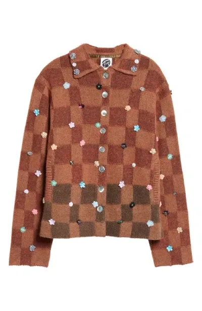 Yanyan Check Flower Embellished Cardigan In Brick