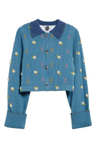 Yanyan Daisy Embroidered Lambswool Cardigan In Denim Light