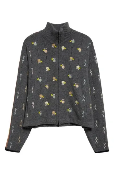 Yanyan Daisy Embroidered Pointelle Lambswool Zip Cardigan In Charcoal