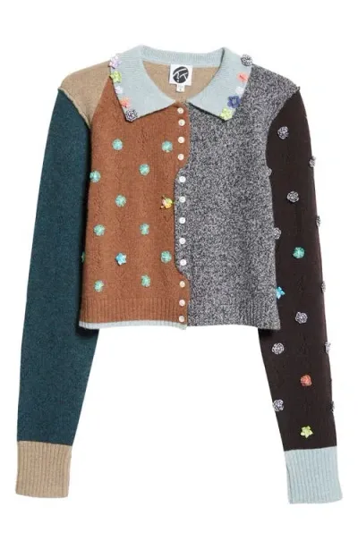 Yanyan Embellished Colorblock Lambswool Cardigan In Brown Multi