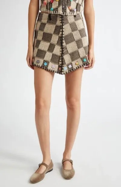 Yanyan Fireworks Floral Embellished Checkerboard Cotton Sweater Skirt In Brown/oat