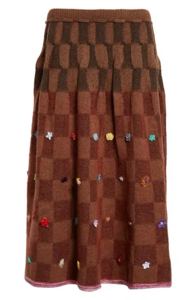 Yanyan Floral Ribbon Checkerboard Knit A-line Wool & Cotton Blend Skirt In Brick