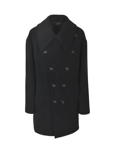 Yohji Yamamoto Double-breasted Long Pea Coat In Black