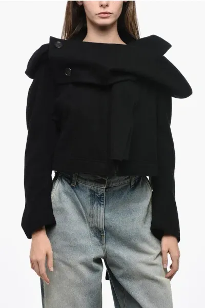 Yohji Yamamoto Wool Cropped Coat With Shawl Neckline In Black