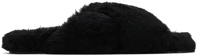 Yves Salomon Black Curly Merino Slippers In C99 Noir