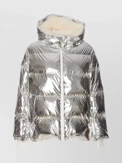 Yves Salomon Fox Detail Hood Quilted Down Jacket In Silver