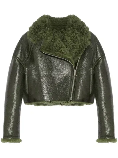 Yves Salomon Patent-merino Cropped Biker Jacket In Green