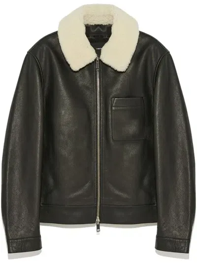 Yves Salomon Shearling Collar Leather Jacket In Black