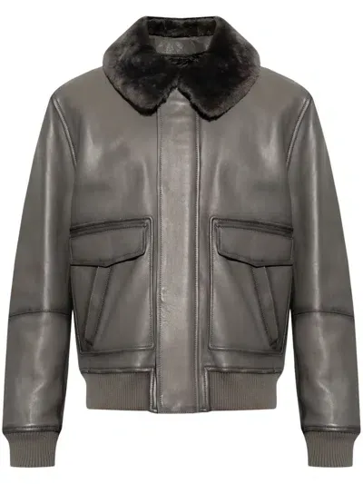 Yves Salomon Shearling-collar Leather Jacket In Grey