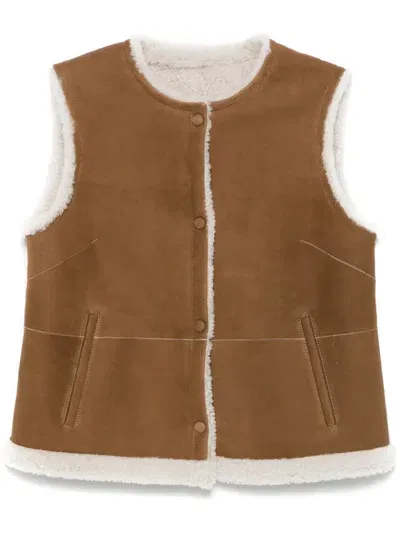 Yves Salomon Shearling-trim Gilet In B2774 Havane Canvas