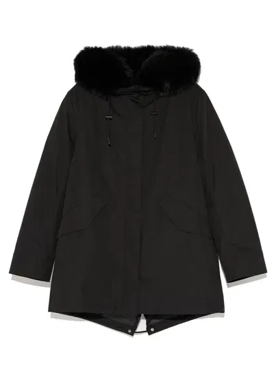 Yves Salomon Short Parka In Waterproof Cotton Blend With Fox And Rabbit Fur In Black