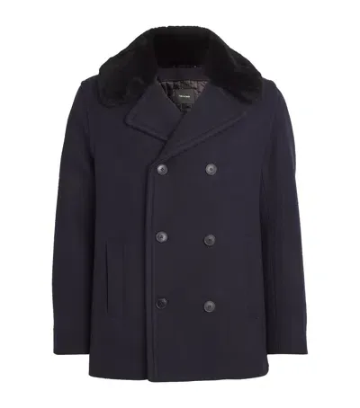 Yves Salomon Virgin Wool Pea Coat In Navy