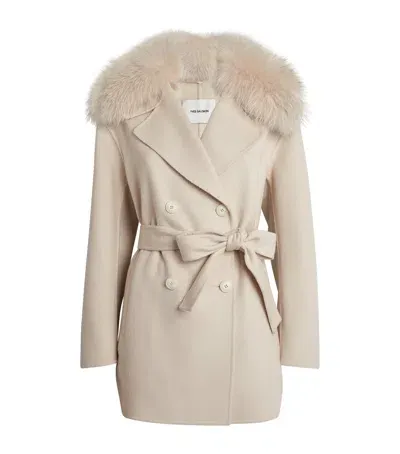 Yves Salomon Wool-cashmere Fur-trimmed Pea Coat In Beige