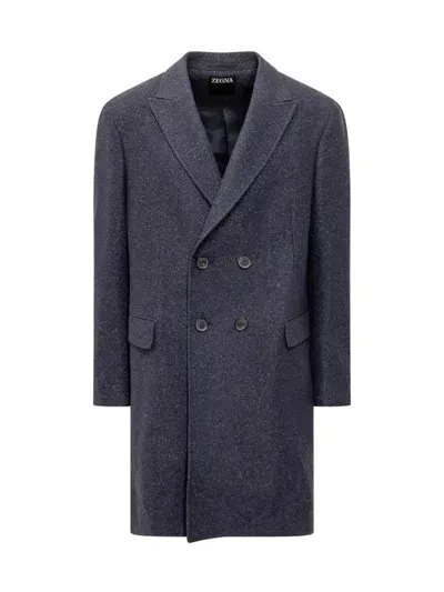 Z Zegna Double Breasted Glittered Coat In Blue