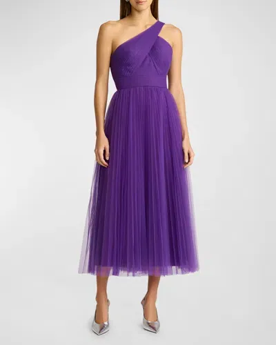 Zac Posen One-shoulder Pleated Tulle Midi Dress In Eminence