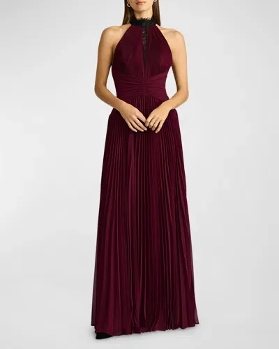 Zac Posen Pleated Lace-inset Halter Gown In Mulberry