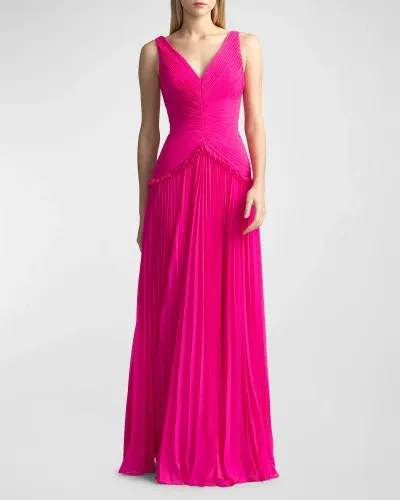 Zac Posen Pleated Sleeveless Chiffon Gown In Magenta