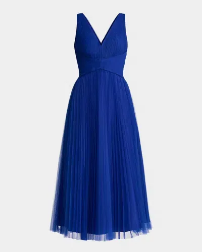 Zac Posen Sleeveless Pleated Tulle Midi Dress In Royal Blue