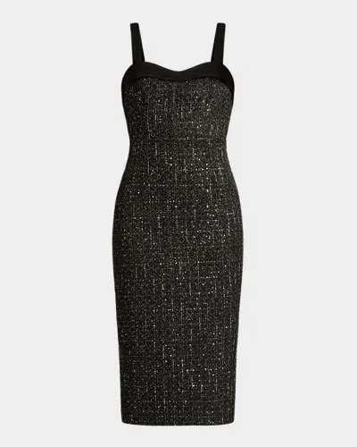 Zac Posen Sweetheart Sequin Tweed Midi Dress In Gold Tweed