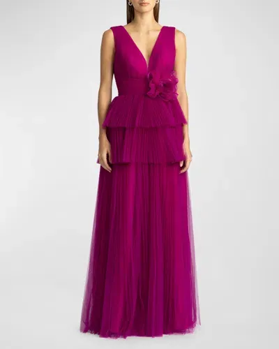 Zac Posen Tiered Pleated Tulle Gown In Viola