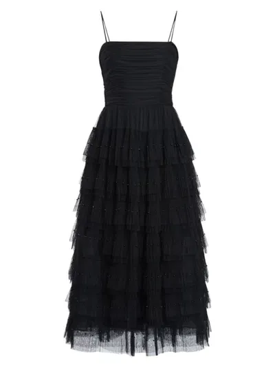 Zac Posen Strapless Layered Pleated Tulle Midi Dress In Black