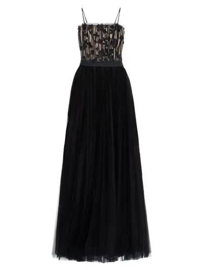 Zac Posen Floral Applique Pleated Tulle Gown In Black