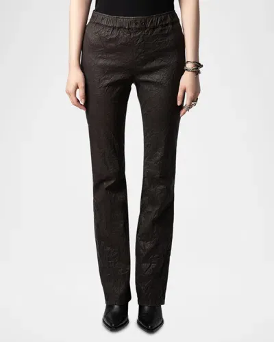 Zadig & Voltaire Pauline Crushed Leather Straight-leg Pants In Land