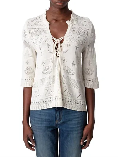 Zadig & Voltaire Taho Lace-up Pointelle Knit Sweater In White