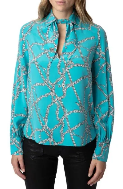 Zadig & Voltaire Tuile Chain Print Balloon Sleeve Silk Top In Aqua