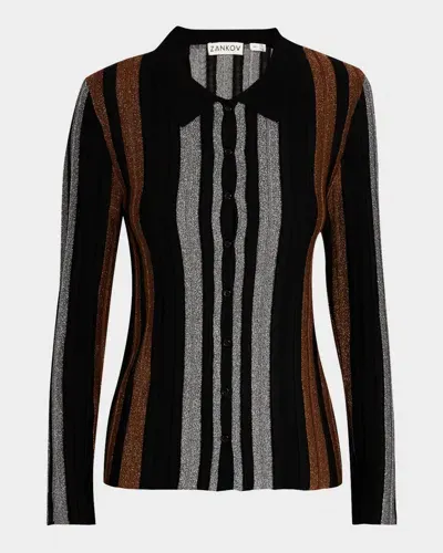 Zankov Basel Metallic Pleated Knit Collared Cardigan In Black Multi