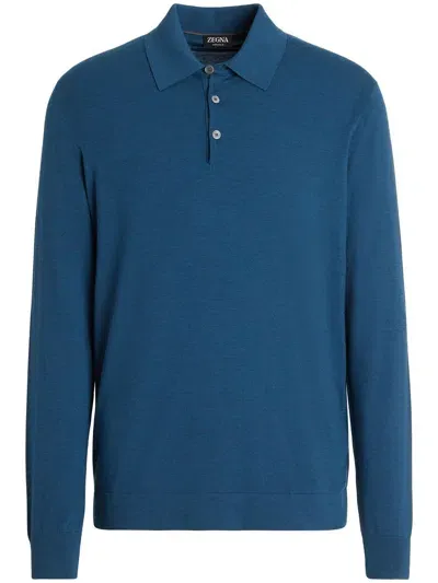 Zegna Long-sleeved Wool Polo Shirt In Blue