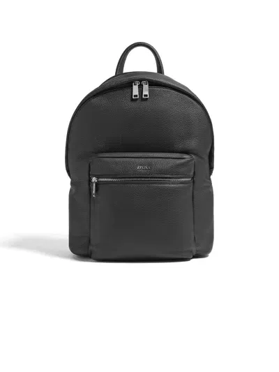 Zegna Black Deerskin Hoodie Backpack In Noir