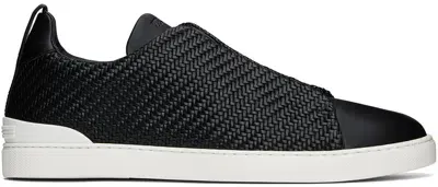 Zegna Black Pelletessuta Leather Triple Stitch Sneakers In 001 Blk Sld