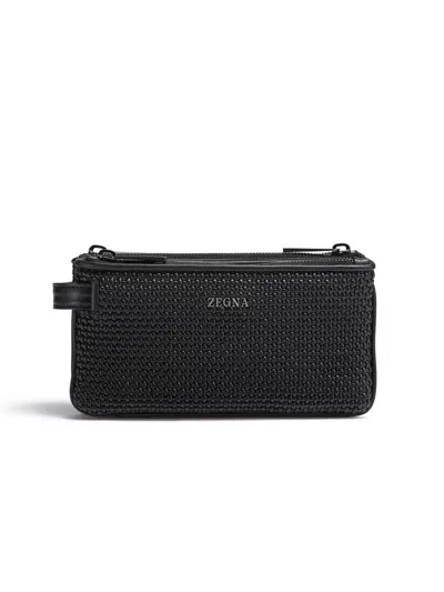 Zegna Black Pelletessuta Leather Triple Zip Pouch In Noir