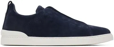 Zegna Blue Suede Triple Stitch Sneakers In 402 Dk Blu Sld