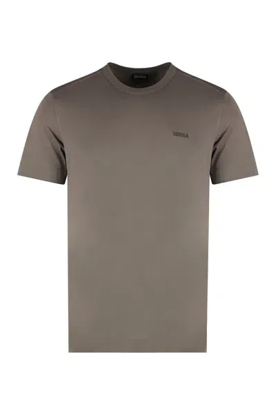 Zegna Slim-fit Logo-embroidered Cotton-jersey T-shirt In Turtledove